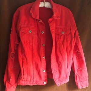 Women’s Distressed Red Denim Jacket - Casual Button-Front